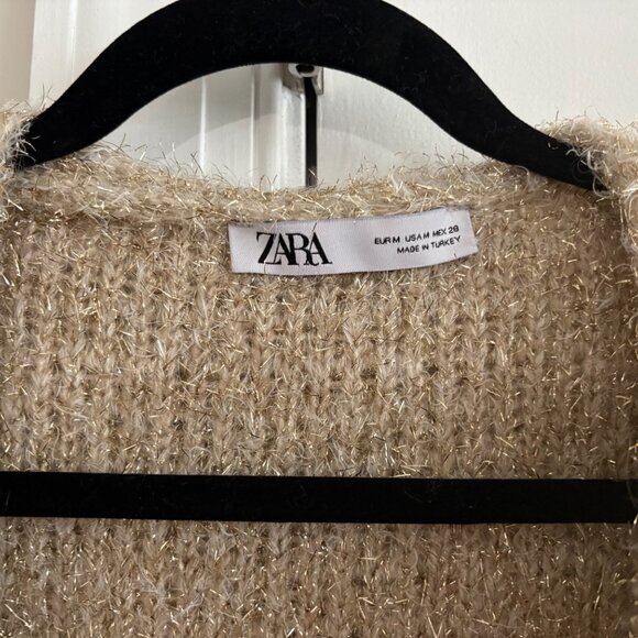Zara Beige and Gold Metallic Textured Open-Front Cardigan Sweater - SZ M - Picture 2 of 4